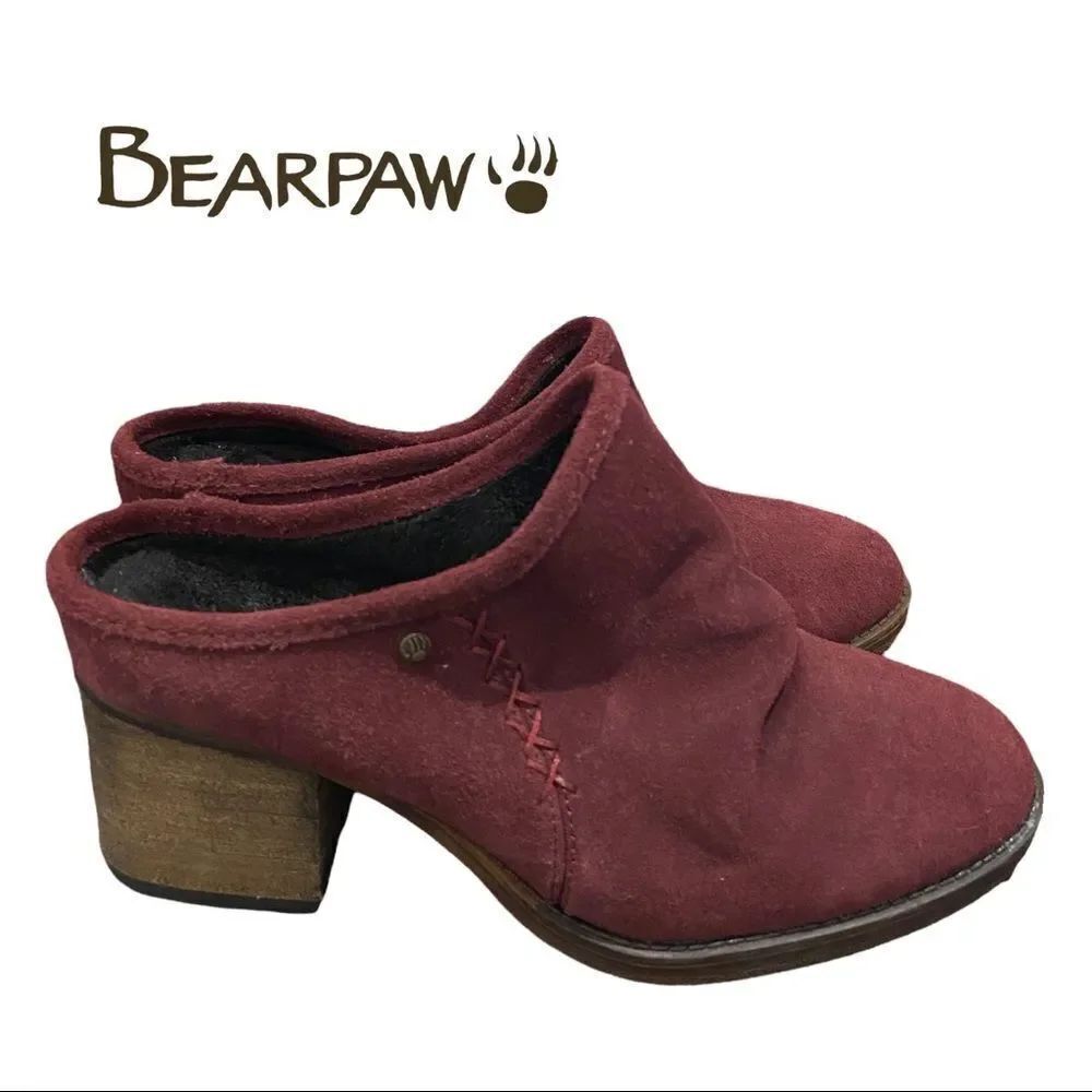 Bearpaw Women's Quart Wine Suede Leather Heeled Clogs Mules 8
